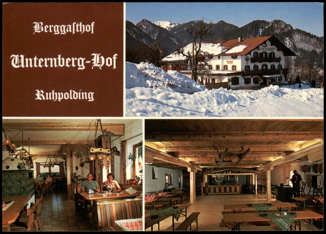 vergrößern: Bildseite historische Ansichtskarte von 1980: Pension-Gaststätte Unternberghof MB mit Innenansichten:: Ruhpolding