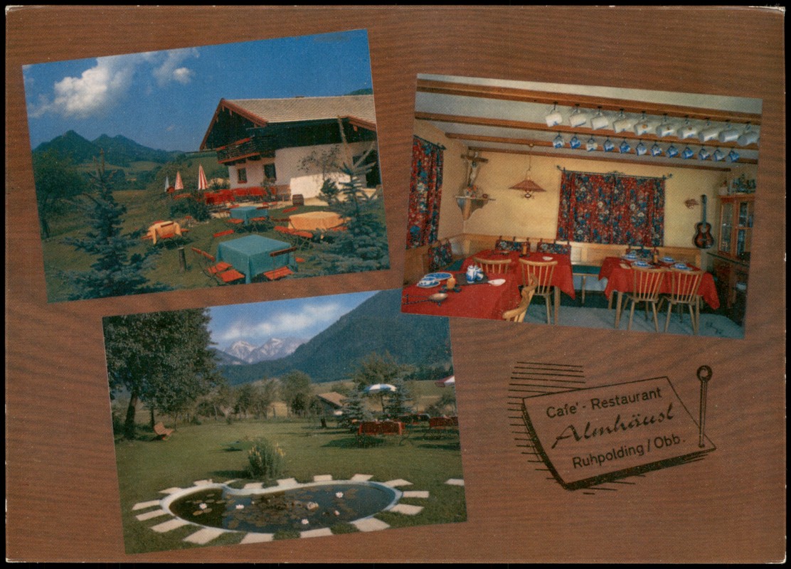 vergrößern: Bildseite historische Ansichtskarte von 1980: Cafe Restaurant Almhäusl (Mehrbildkarte):: Ruhpolding