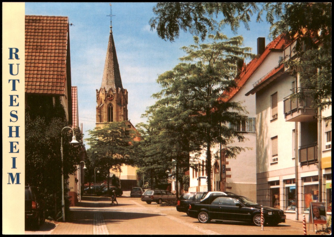zoom: Image side vintage Postcard from 2010: Straßenansicht von Rutesheim mit Johanneskirche:: Rutesheim