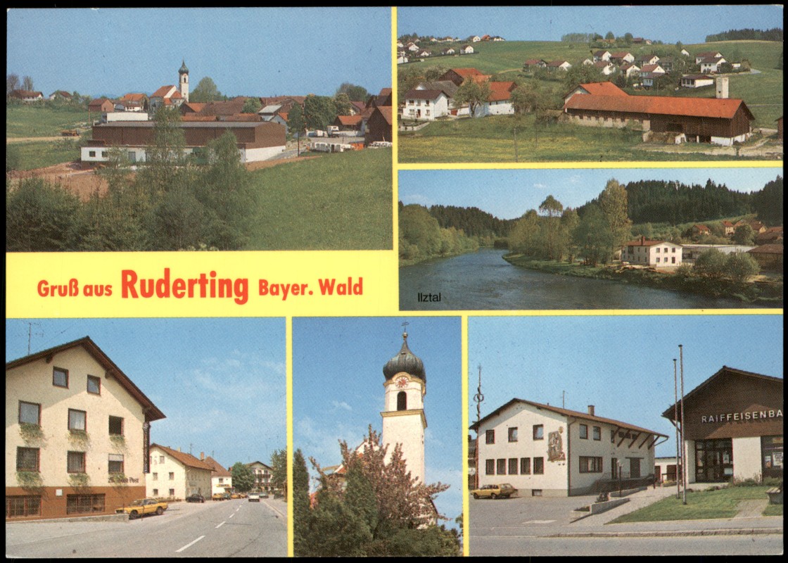 vergrößern: Bildseite historische Ansichtskarte von 1981: Raiffeisenbank Straße Kirche Mehrbild:: Ruderting
