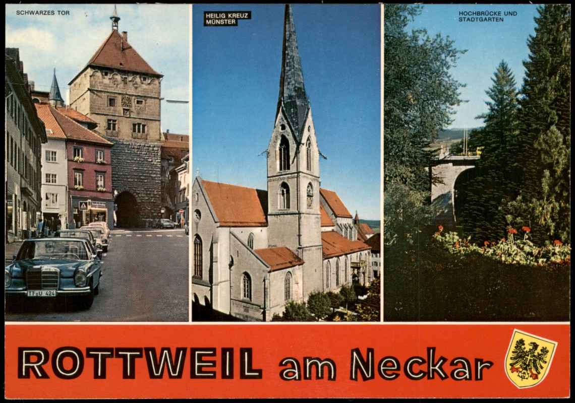 vergrößern: Bildseite historische Ansichtskarte von 1975: Mehrbildkarte, Schwarzes Tor, Heilig Kreuz Münster, Hochbrücke und Stadtgarten:: Rottweil (Neckar)