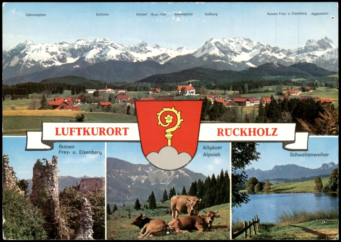 vergrößern: Bildseite historische Ansichtskarte von 1975: Mehrbildkarte mit 4 Ortsansichten:: Rückholz