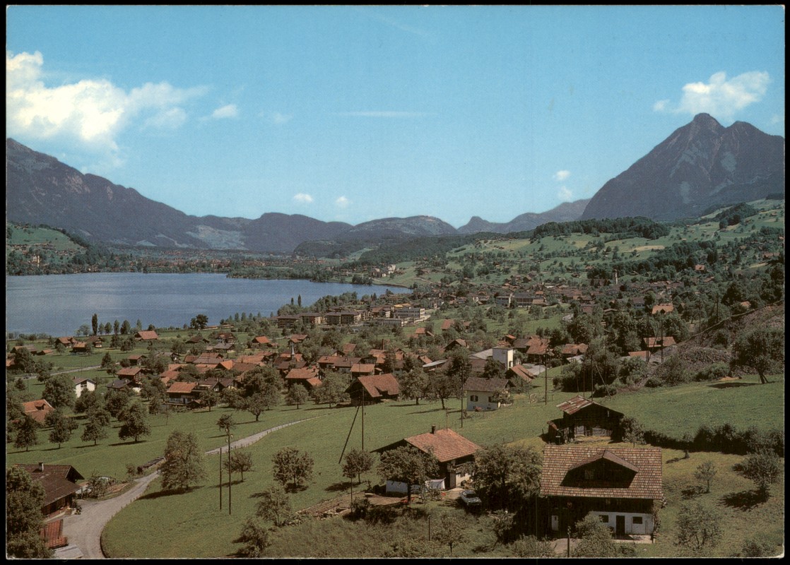 vergrößern: Bildseite historische Ansichtskarte von 1975: Panorama Sachseln am Sarnersee Edisried mit Stanserhorn:: Sachseln
