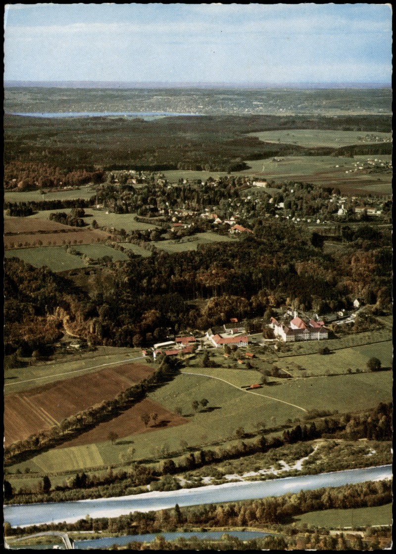vergrößern: Bildseite historische Ansichtskarte von 1970: Luftbild Benediktinerabtei:: Kloster Schäftlarn-Schäftlarn