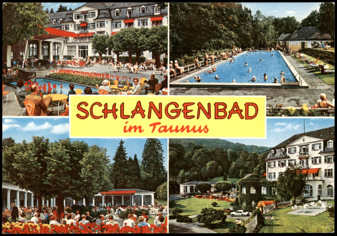 vergrößern: Bildseite historische Ansichtskarte von 1990: Mehrbildkarte, Hessisches Staatsbad:: Schlangenbad
