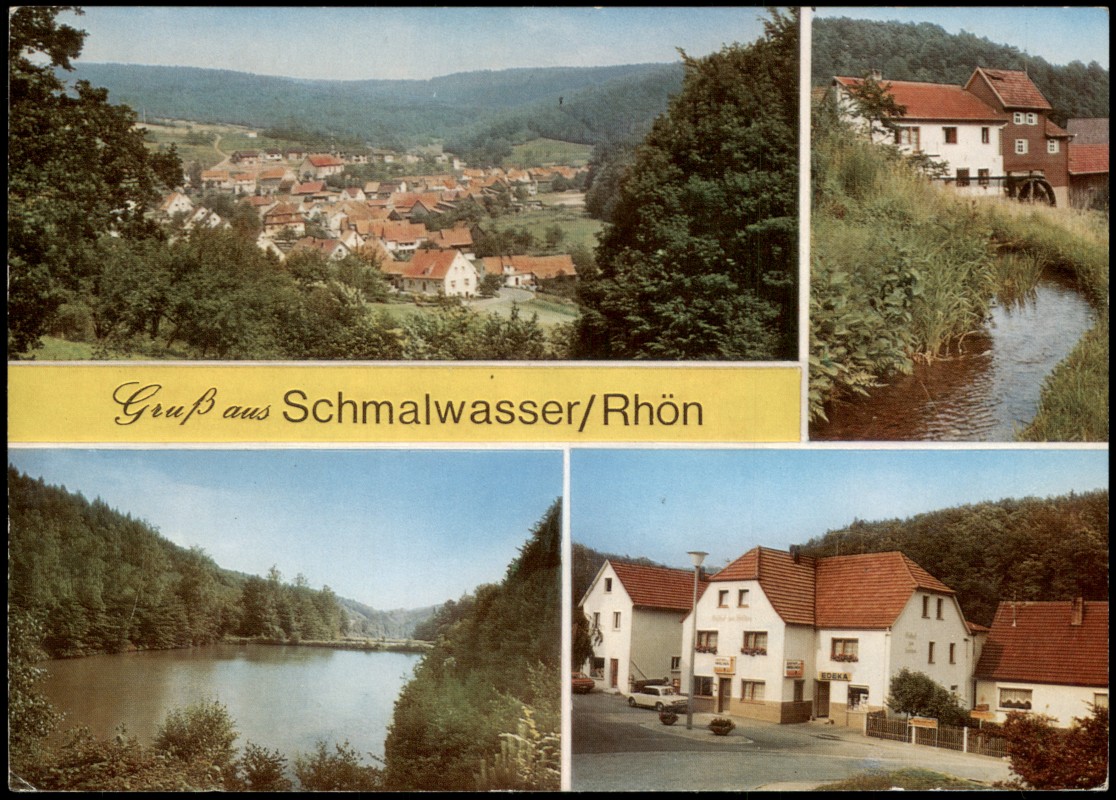 vergrößern: Bildseite historische Ansichtskarte von 1980: Mehrbild-AK Ortsansichten u. Gasthof Zum Hirschen:: Schmalwasser (Sandberg)