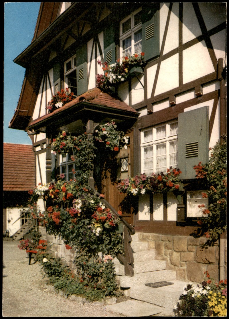 zoom: Image side vintage Postcard from 1985: Haus Fischer, Unterdorf, Fachwerkhaus:: Sasbachwalden