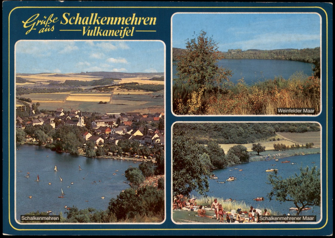 zoom: Image side vintage Postcard from 1990: Mehrbildkarte, Luftbild Ortschaft, Weinfelder Maar, Schalkenmehrener Maar:: Schalkenmehren