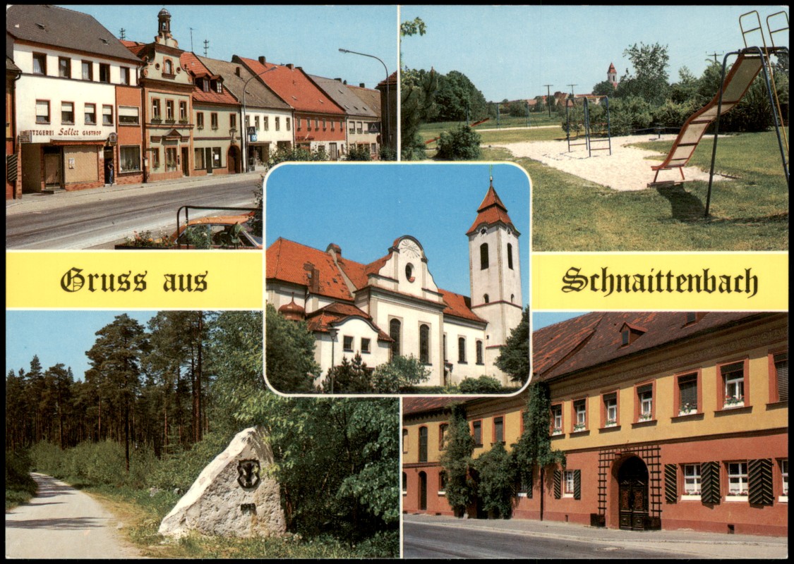 zoom: Image side vintage Postcard from 1975: Mehrbildkarte Ortsansichten u.a. Spielplatz, Gebäude-Ansichten:: Schnaittenbach