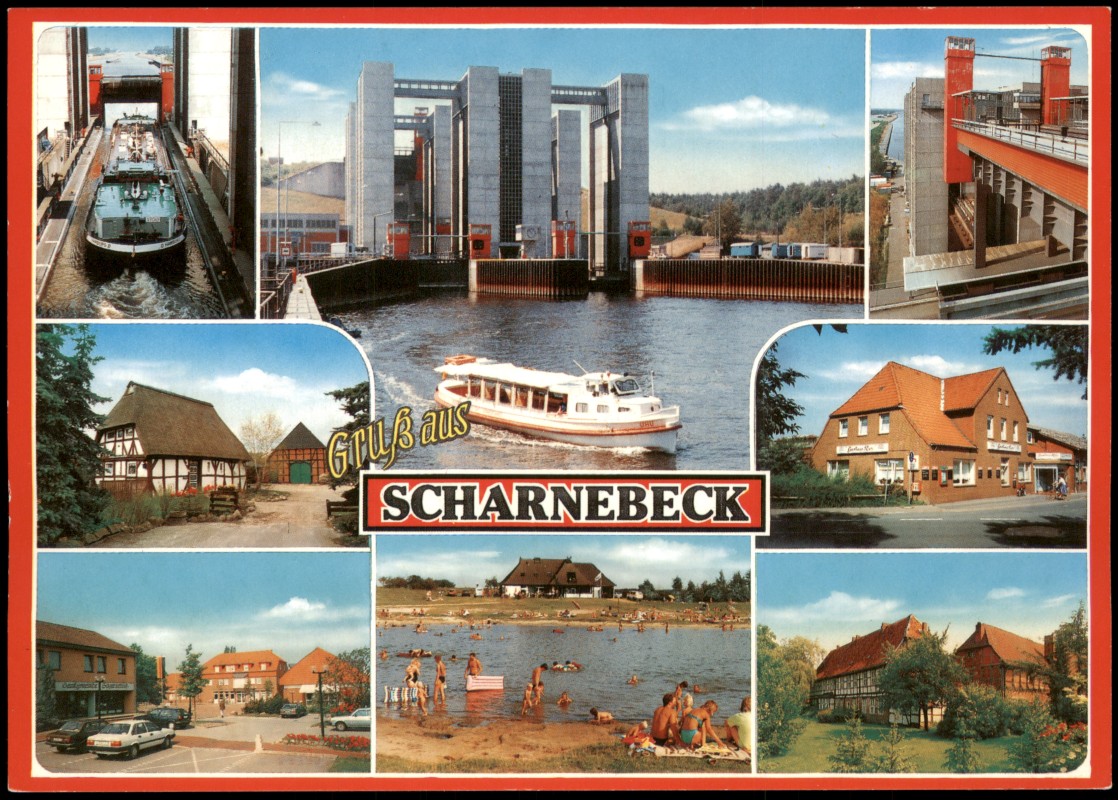 vergrößern: Bildseite historische Ansichtskarte von 1980: Mehrbild-AK Schiffshebewerk Schiffe Umland-Ansichten:: Scharnebeck