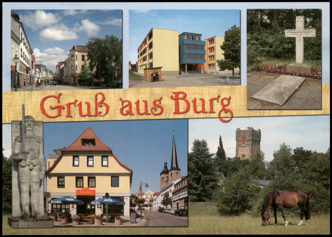 vergrößern: Bildseite historische Ansichtskarte von 2000: MB u.a. mit Clausewitz-Grab, Magdalenenplatz, Altstadt-Café uvm.:: Burg (bei Magdeburg)