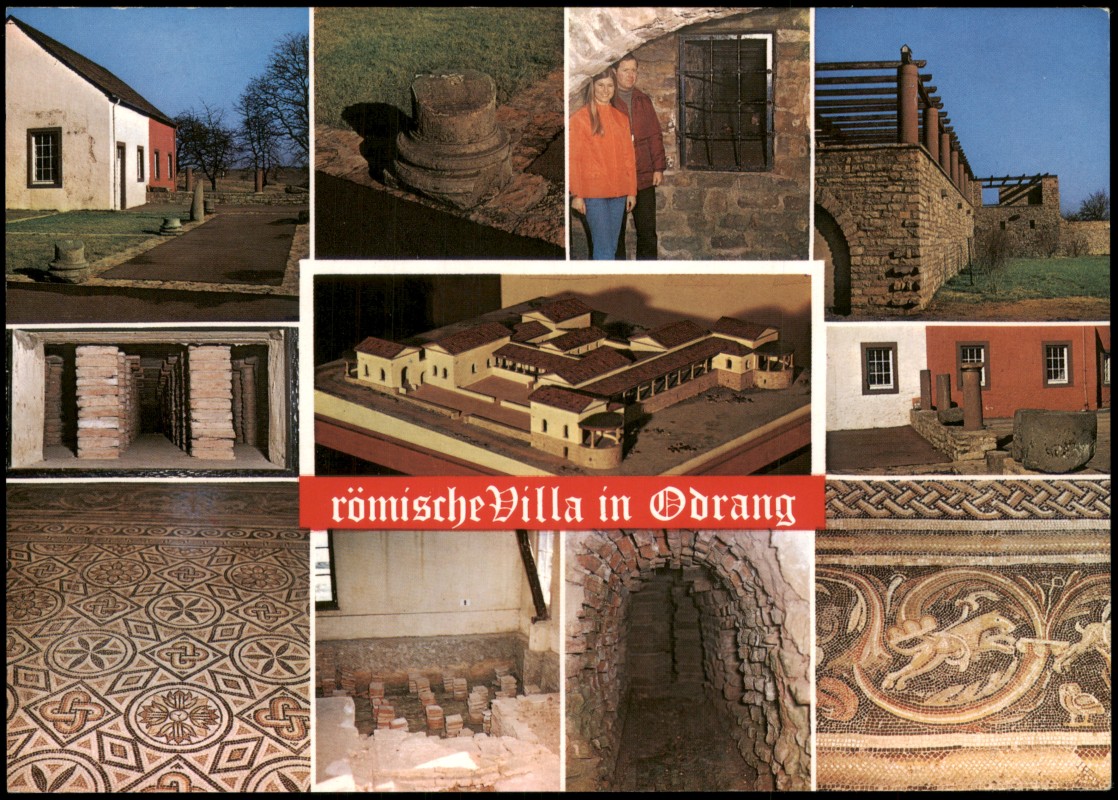 vergrößern: Bildseite historische Ansichtskarte von 2000: Mehrbildkarte Römische Villa, Keller, Pergola, Ornamente:: Otrang-