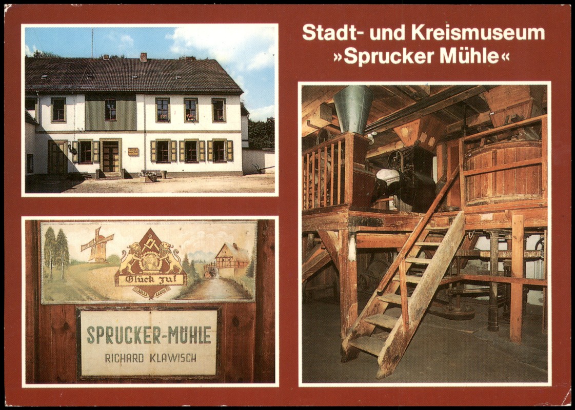 zoom: Image side vintage Postcard from 2010: Mehrbildkarte, Außenansicht, Firmenschild, Walzenstühle und Schrotgang:: Guben