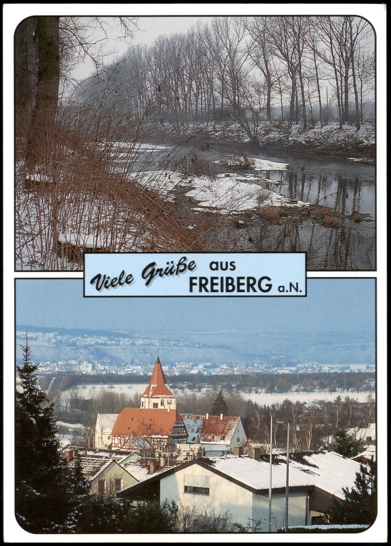 zoom: Image side vintage Postcard from 1990: 2-Bild-Karte mit Fluss Partie u. Ortspanorama:: Freiberg am Neckar