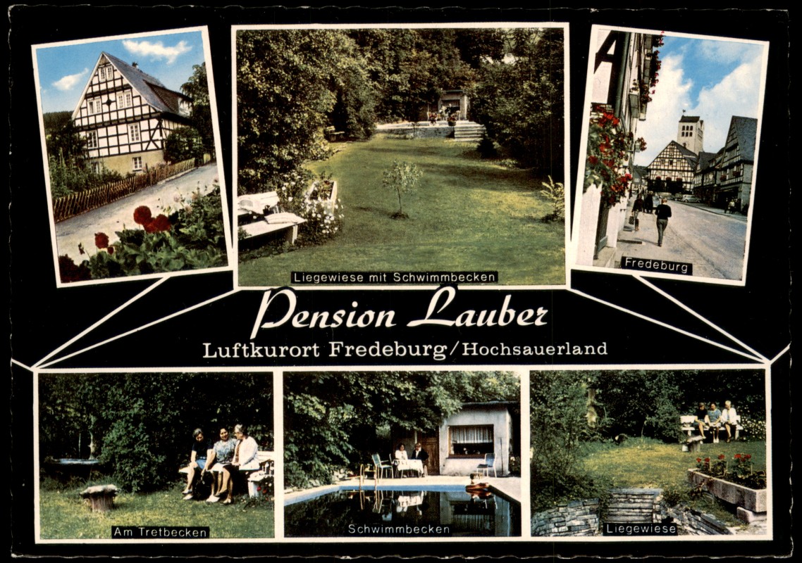 zoom: Image side vintage Postcard from 1975: Mehrbildkarte, Pension Lauber, Liegewiese mit Schwimmbecken, Tretbecken:: Fredeburg (Hochsauerland)