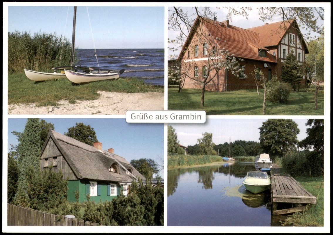 vergrößern: Bildseite historische Ansichtskarte von 2008: 4 Bild Häuser Boote:: Grambin