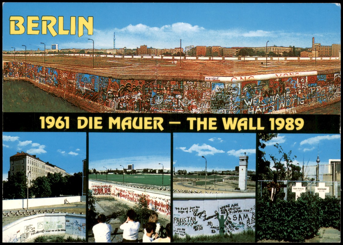 vergrößern: Bildseite historische Ansichtskarte von 1989: Berliner Mauer The Wall Mehrbildkarte:: Berlin