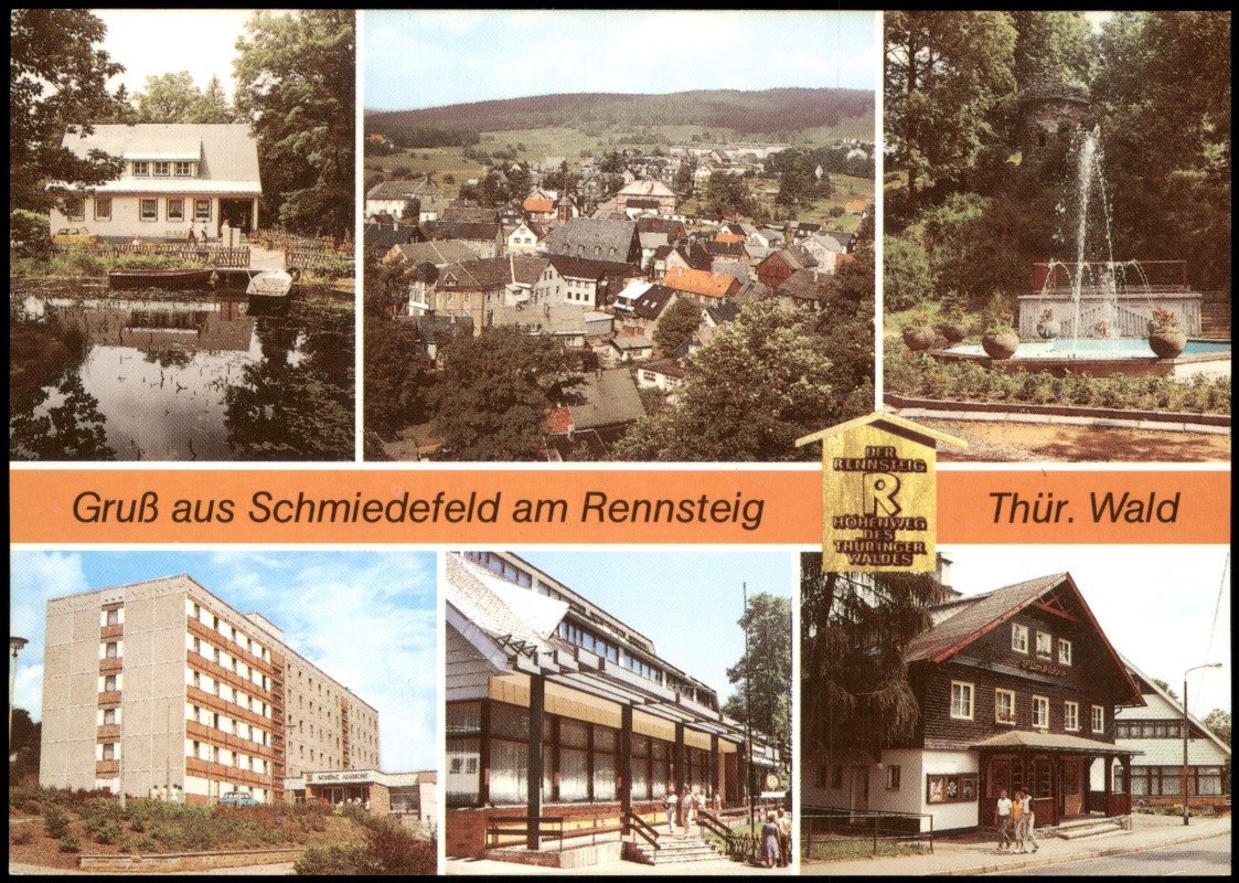 vergrößern: Bildseite historische Ansichtskarte von 1980: DDR Mehrbildkarte mit 6 Ortsansichten u.a. Café im Naturpark:: Schmiedefeld (Rennsteig)