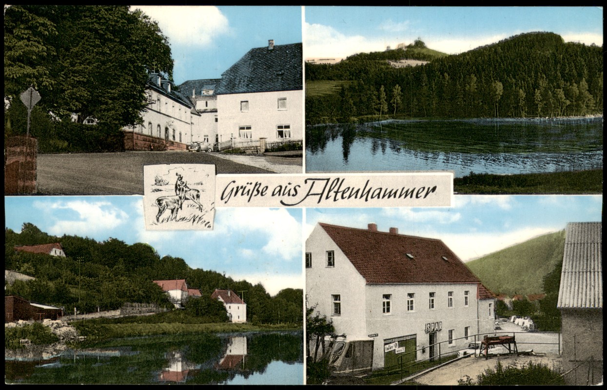 vergrößern: Bildseite historische Ansichtskarte von 1960: Grüße aus Altenhammer bei Weiden, Ortsansichten, Bäckerei SPAR-Geschäft:: .Bayern