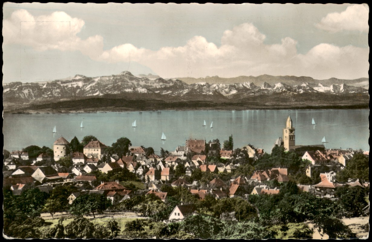 zoom: Image side vintage Postcard from 1965: Panorama Ansicht Bodensee:: Überlingen