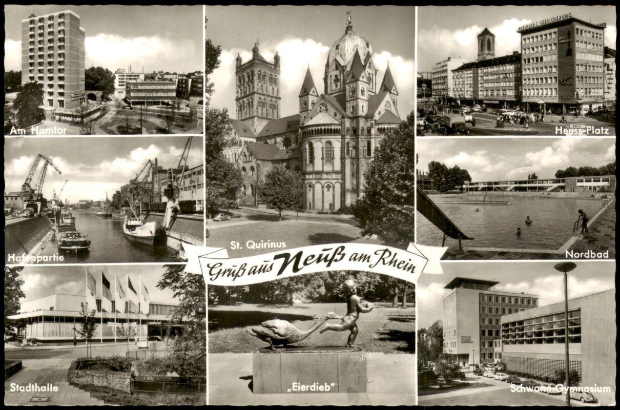 vergrößern: Bildseite historische Ansichtskarte von 1960: Mehrbild-AK mit Hafenpartie Stadthalle Am Hamtor St. Quirinus Schwann Gymnasium:: Neuss