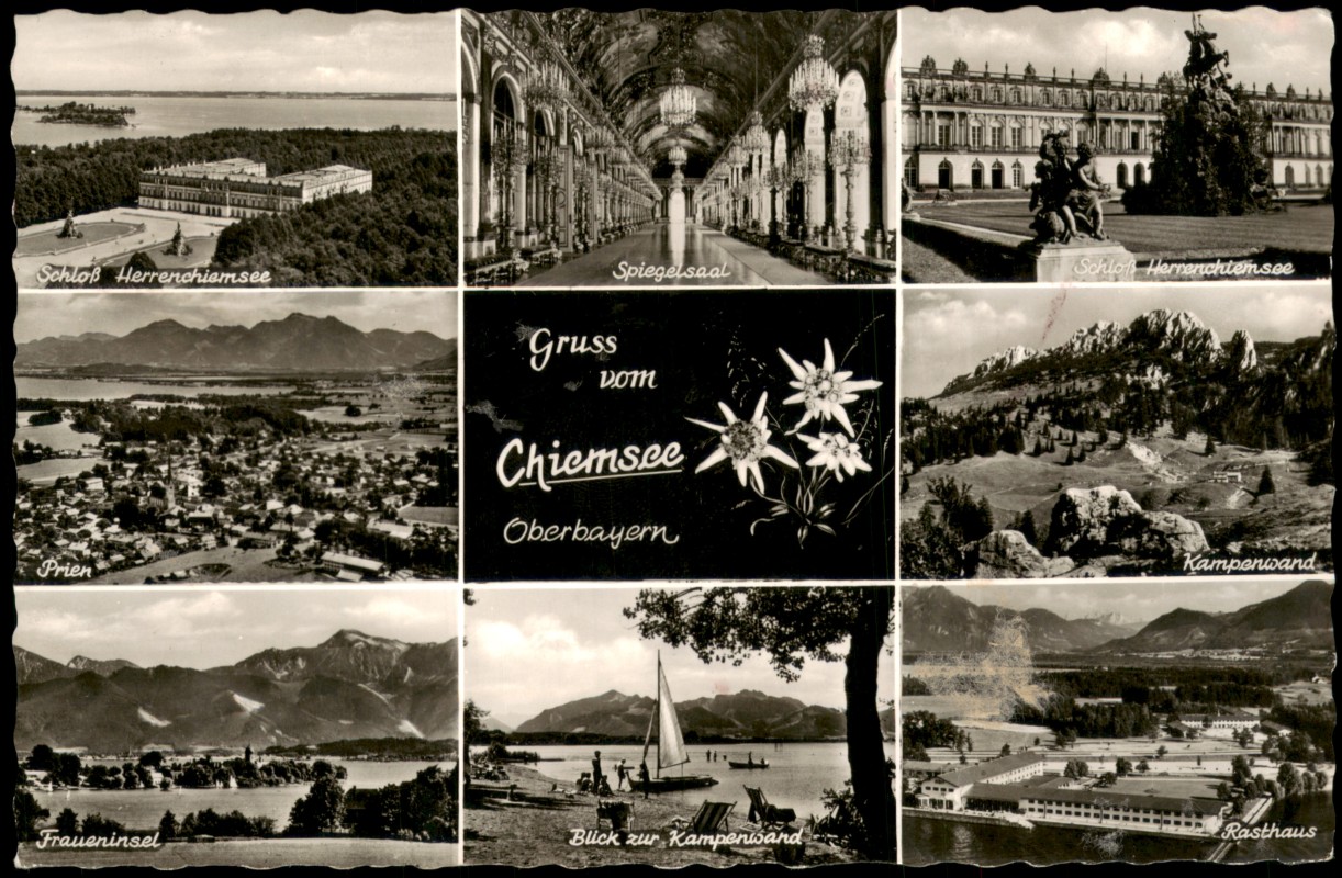 vergrößern: Bildseite historische Ansichtskarte von 1965: Mehrbild-AK u.a. Schloß Herrenchiemsee Fraueninsel Blick zur Kampenwand:: Chiemsee
