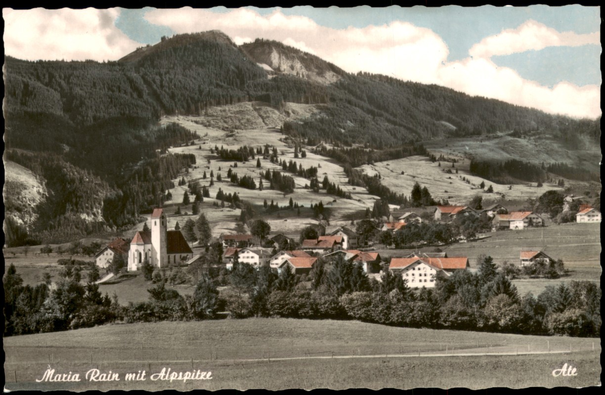 vergrößern: Bildseite historische Ansichtskarte von 1960: Panorama-Ansicht mit Alpspitze:: Maria Rain (Bayern)-Oy-Mittelberg