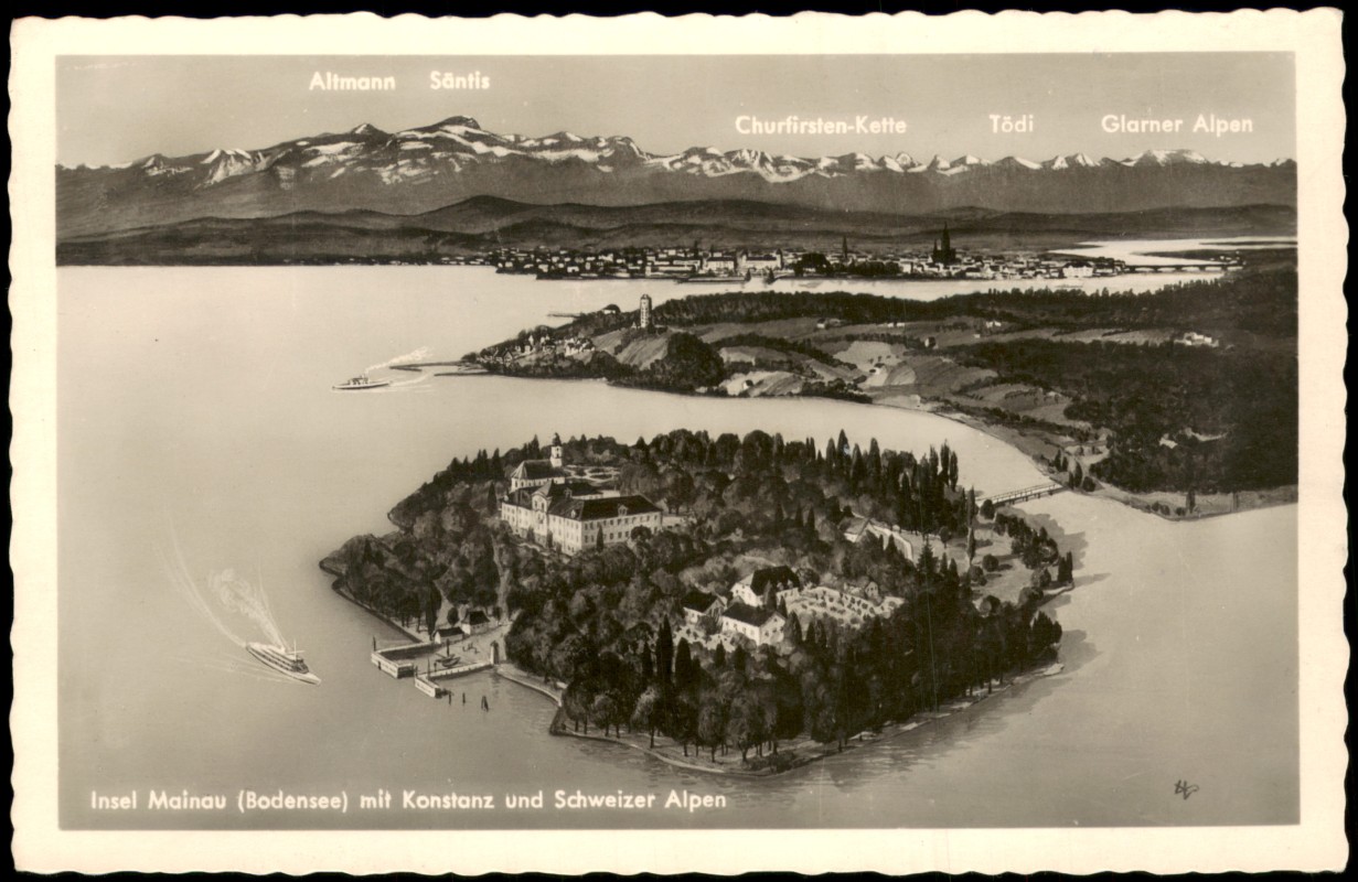 zoom: Image side vintage Postcard from 1954: Panorama Gesamtansicht Blick Schweizer Alpen:: Insel Mainau-Konstanz