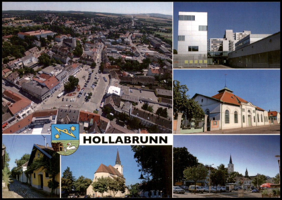 vergrößern: Bildseite historische Ansichtskarte von 2000: Mehrbildkarte Ortsansichten u.a. Luftaufnahme:: Hollabrunn