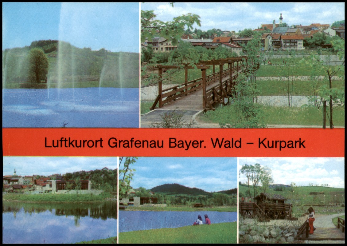 vergrößern: Bildseite historische Ansichtskarte von 1980: Mehrbildkarte, Ortsansicht, Wasserspiel, Park:: Grafenau (Niederbayern)