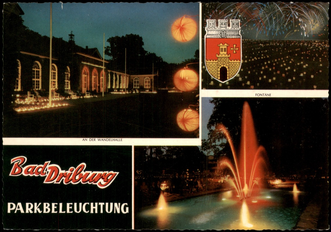 zoom: Image side vintage Postcard from 1965: Mehrbildkarte mit Ansichten bei Nacht Park-Beleuchtung:: Bad Driburg