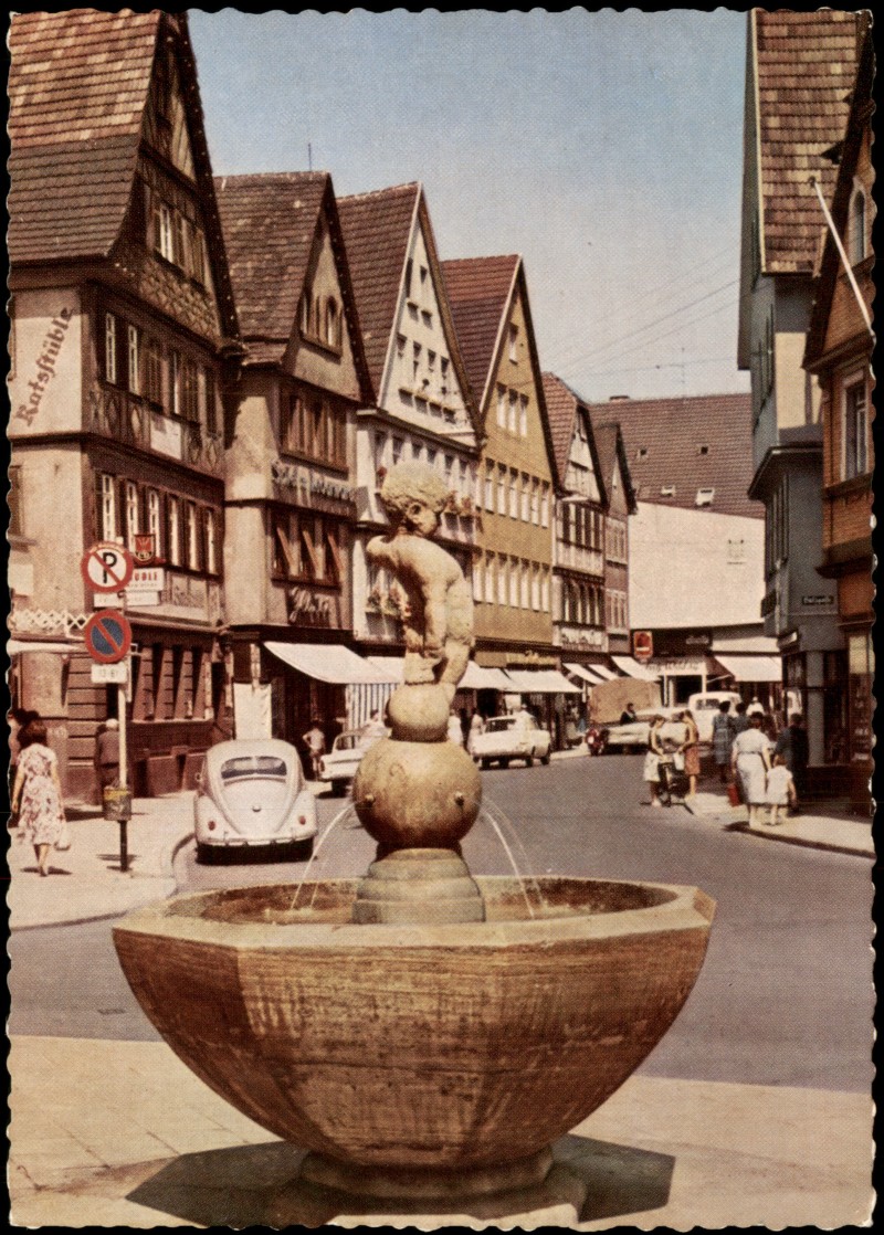 zoom: Image side vintage Postcard from 1960: Marktstraße, Brunnen, Autos u.a. Volkswagen VW Käfer:: Cannstatt-Stuttgart
