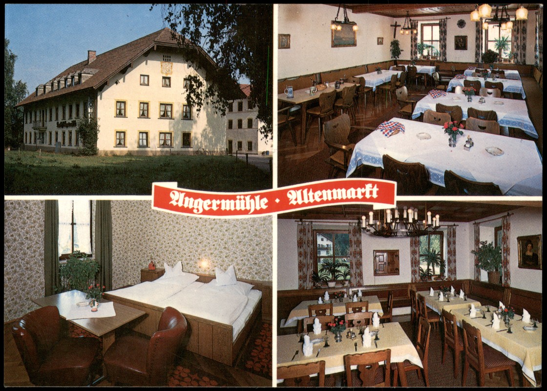 zoom: Image side vintage Postcard from 1980: Hotel-Gasthof Angermühle Inhaber: R. Schmid (Mehrbildkarte):: Altenmarkt an der Alz