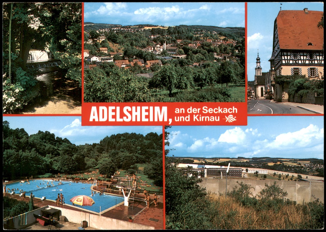 vergrößern: Bildseite historische Ansichtskarte von 1990: Mehrbildkarte Ortsansichten u.a. Freibad:: Adelsheim