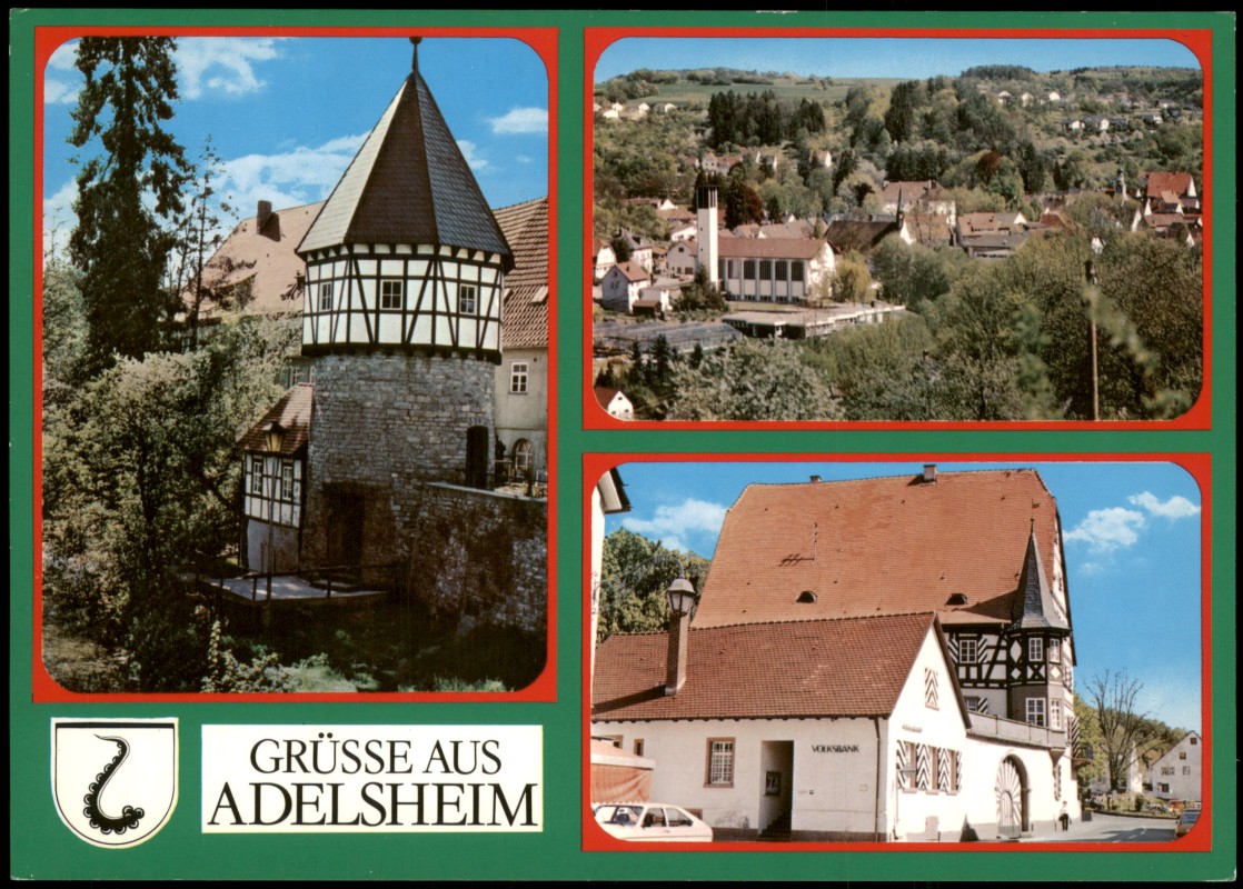 vergrößern: Bildseite historische Ansichtskarte von 1990: Mehrbildkarte mit 3 Ortsansichten:: Adelsheim