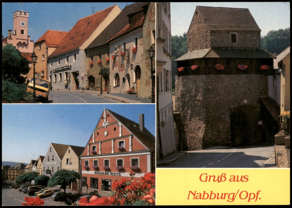 zoom: Image side vintage Postcard from 1990: Mehrbildkarte mit 3 Ortsansichten:: Nabburg