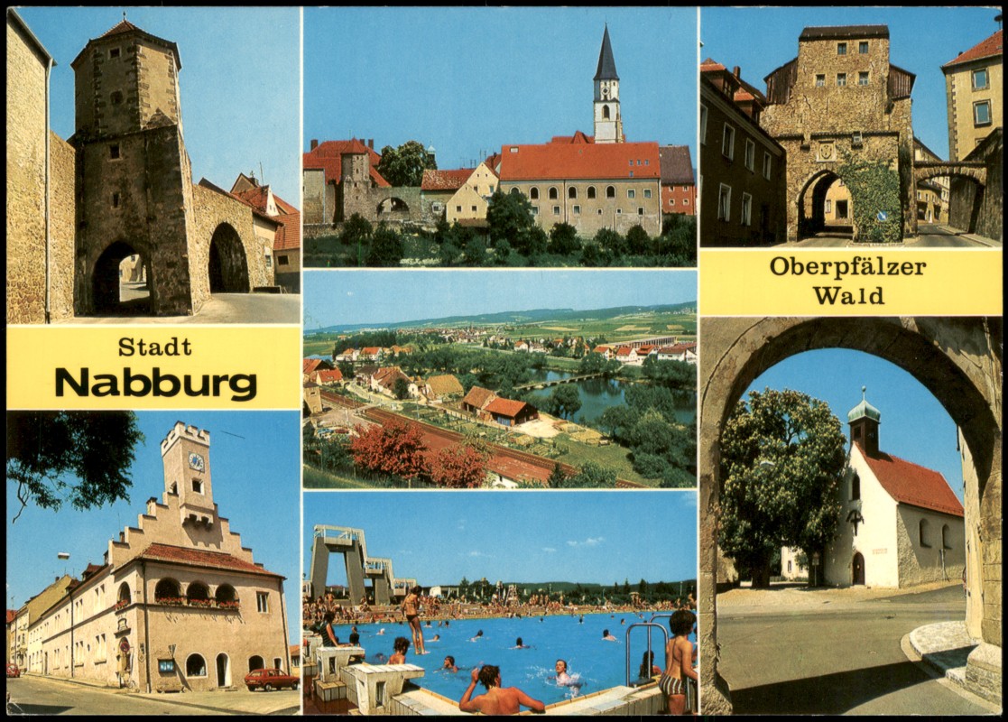 vergrößern: Bildseite historische Ansichtskarte von 1980: Mehrbildkarte mit 7 Ortsansichten u.a. Freibad Schwimmbad:: Nabburg
