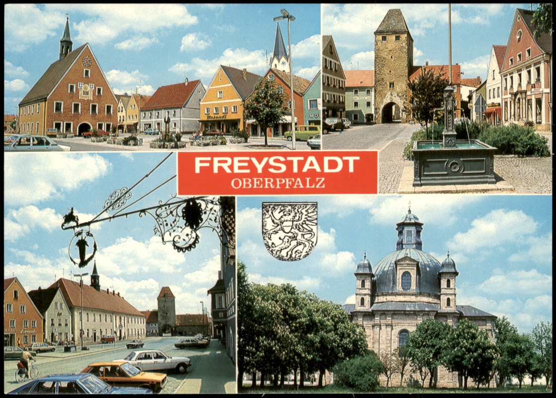 vergrößern: Bildseite historische Ansichtskarte von 1985: Mehrbildkarte mit 4 Ortsansichten:: Freystadt (Oberpfalz)