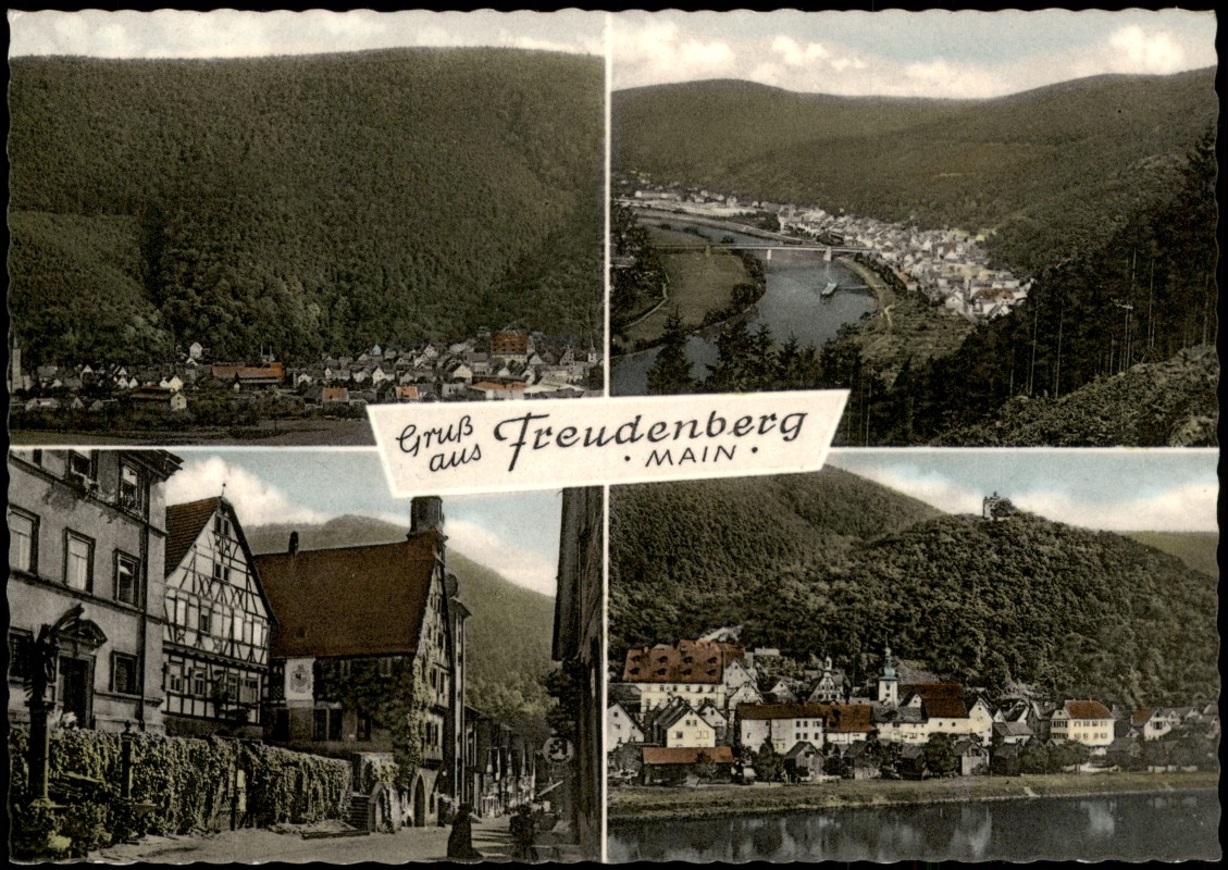 vergrößern: Bildseite historische Ansichtskarte von 1965: Gruß aus Freudenberg Ortsansichten (Mehrbild-AK):: Freudenberg (Baden) am Main