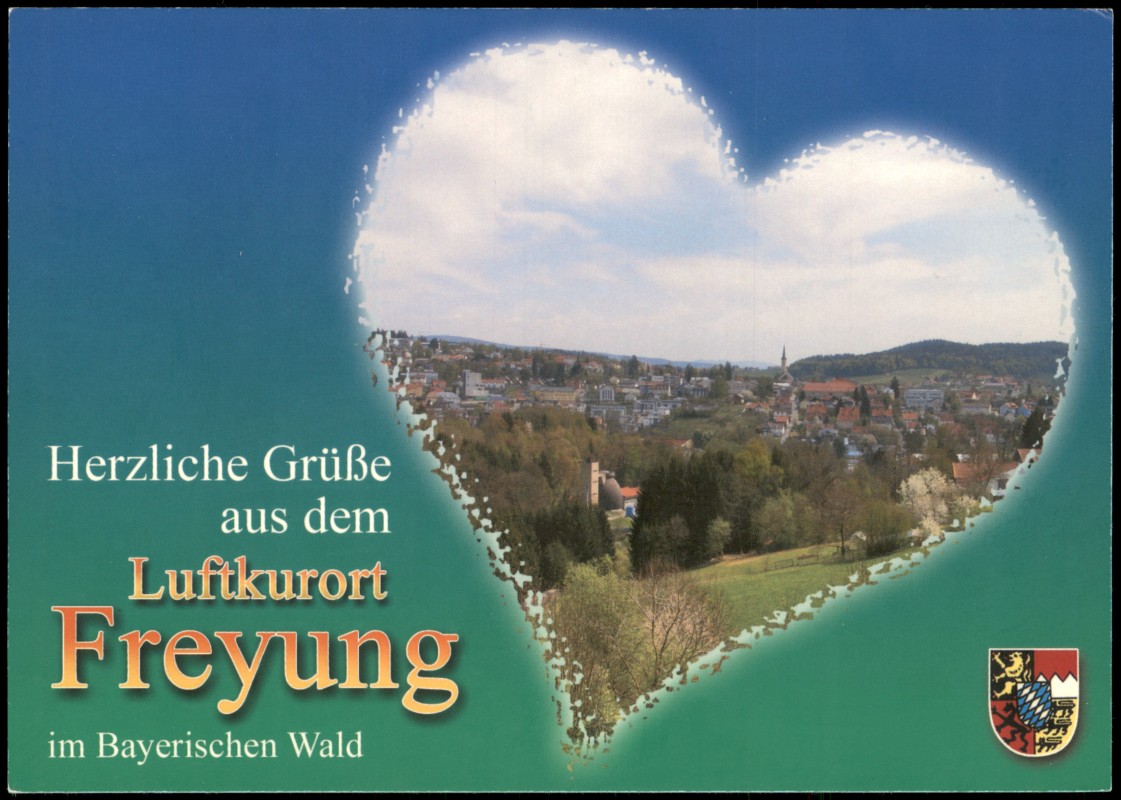 zoom: Image side vintage Postcard from 2000: Panorama-Ansicht im Herz-Format:: Freyung