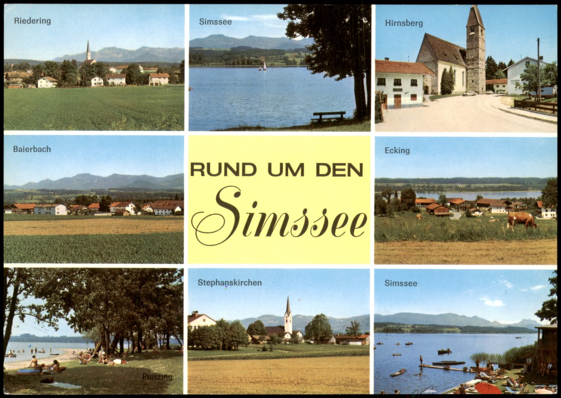 zoom: Image side vintage Postcard from 1980: MB Simssee Orte u.a. Hirnsberg Riedering Baierbach Pietzing Ecking:: Rosenheim