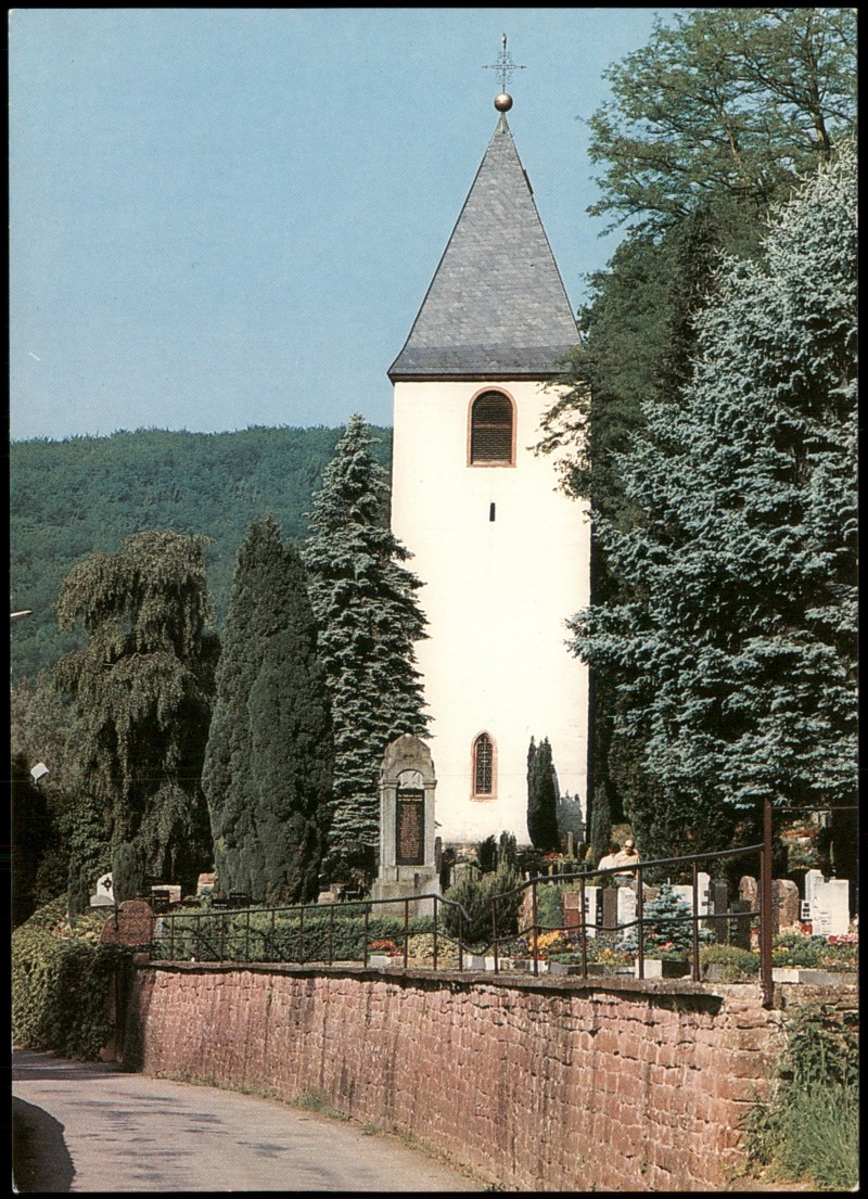 vergrößern: Bildseite historische Ansichtskarte von 1980: Alter Turm, Teilansicht Friedhof:: Bammental
