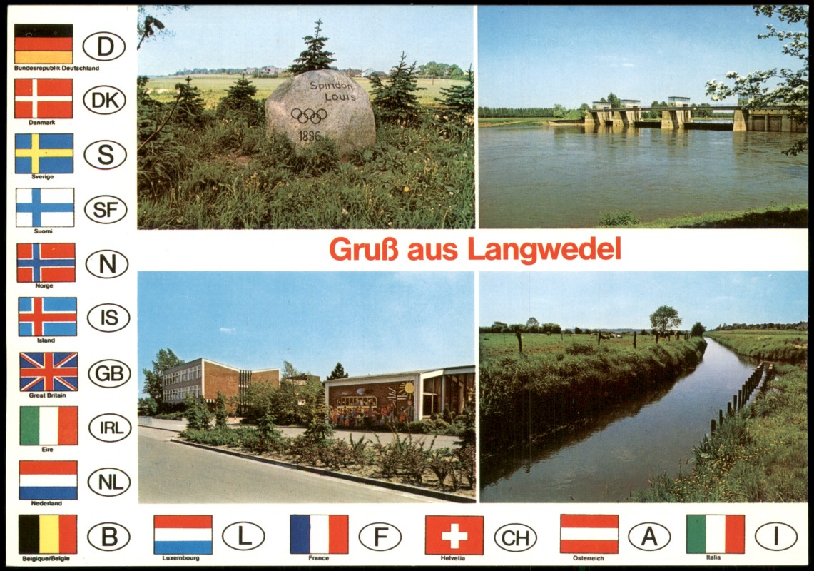 vergrößern: Bildseite historische Ansichtskarte von 1980: Mehrbildkarte mit Ortsansichten und National-Flaggen-Kunde:: Langwedel (Weser)