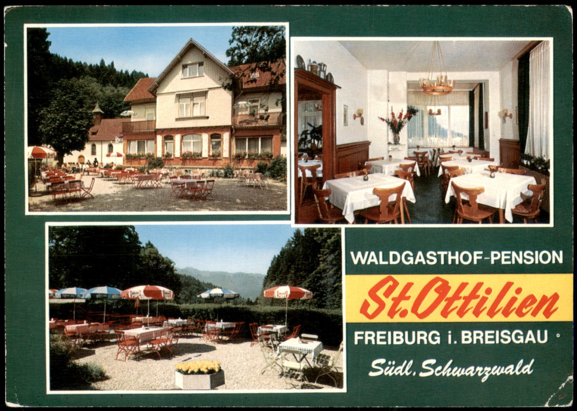 vergrößern: Bildseite historische Ansichtskarte von 1970: WALDGASTHOF-PENSION St. Ottilien (Mehrbildkarte):: Freiburg im Breisgau