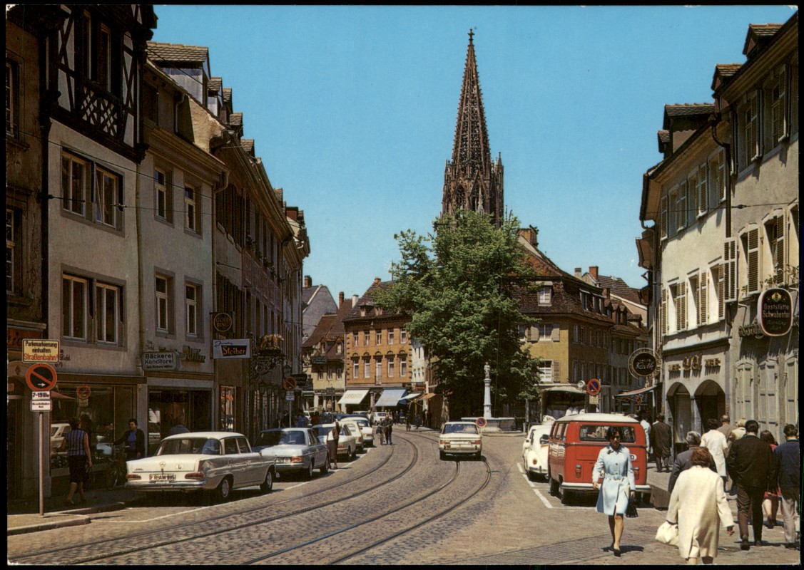 zoom: Image side vintage Postcard from 1975: Oberlinden mit Münster, Autos u.a. alter Mercedes:: Freiburg