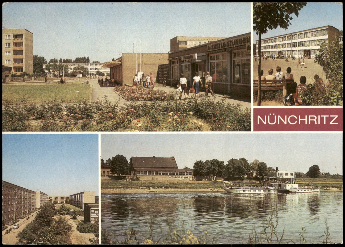 vergrößern: Bildseite historische Ansichtskarte von 1980: DDR Mehrbild-AK mit Polytechnische Oberschule, Karl-Liebknecht-Ring, HO-Gaststätte Elbgasthof:: Nünchritz (Elbe)