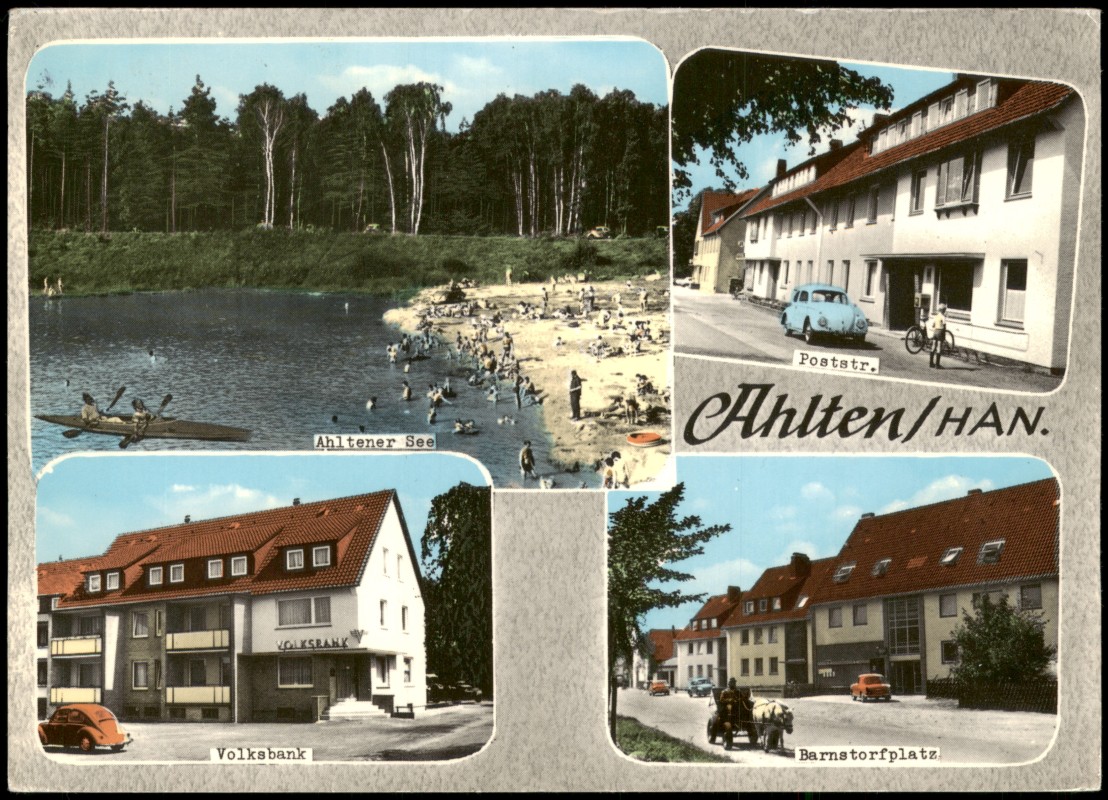 zoom: Image side vintage Postcard from 1978: Mehrbild-AK VW Käfer Poststr., Volksbank, Barnstorfplatz, See:: Ahlten-Lehrte