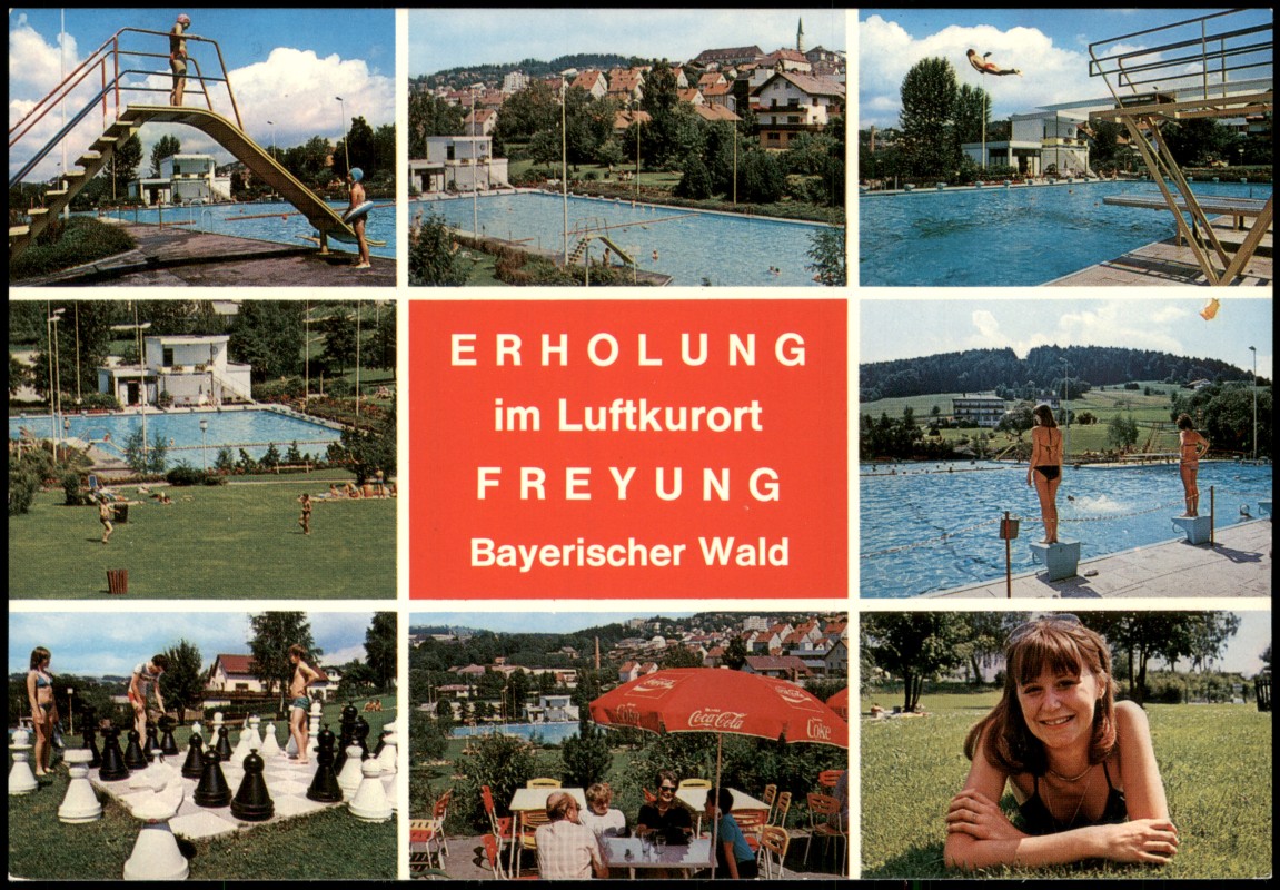 vergrößern: Bildseite historische Ansichtskarte von 1980: Mehrbild-AK Ortsansichten, Personen beim Schach, Schwimmbad Freibad:: Freyung