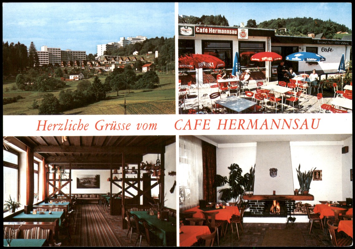 vergrößern: Bildseite historische Ansichtskarte von 1980: Mehrbild-AK mit CAFÉ HERMANNSAU im Ferienpark:: Freyung