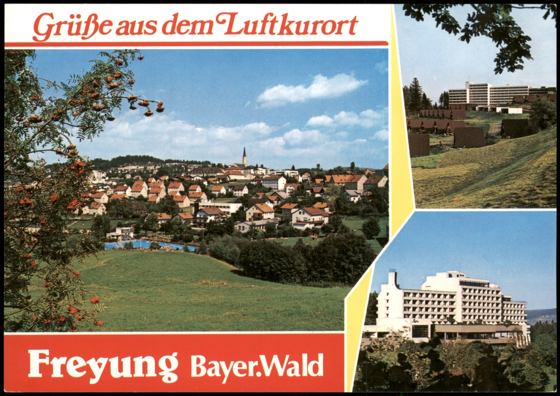 vergrößern: Bildseite historische Ansichtskarte von 1980: Mehrbildkarte mit 3 Ortsansichten:: Freyung